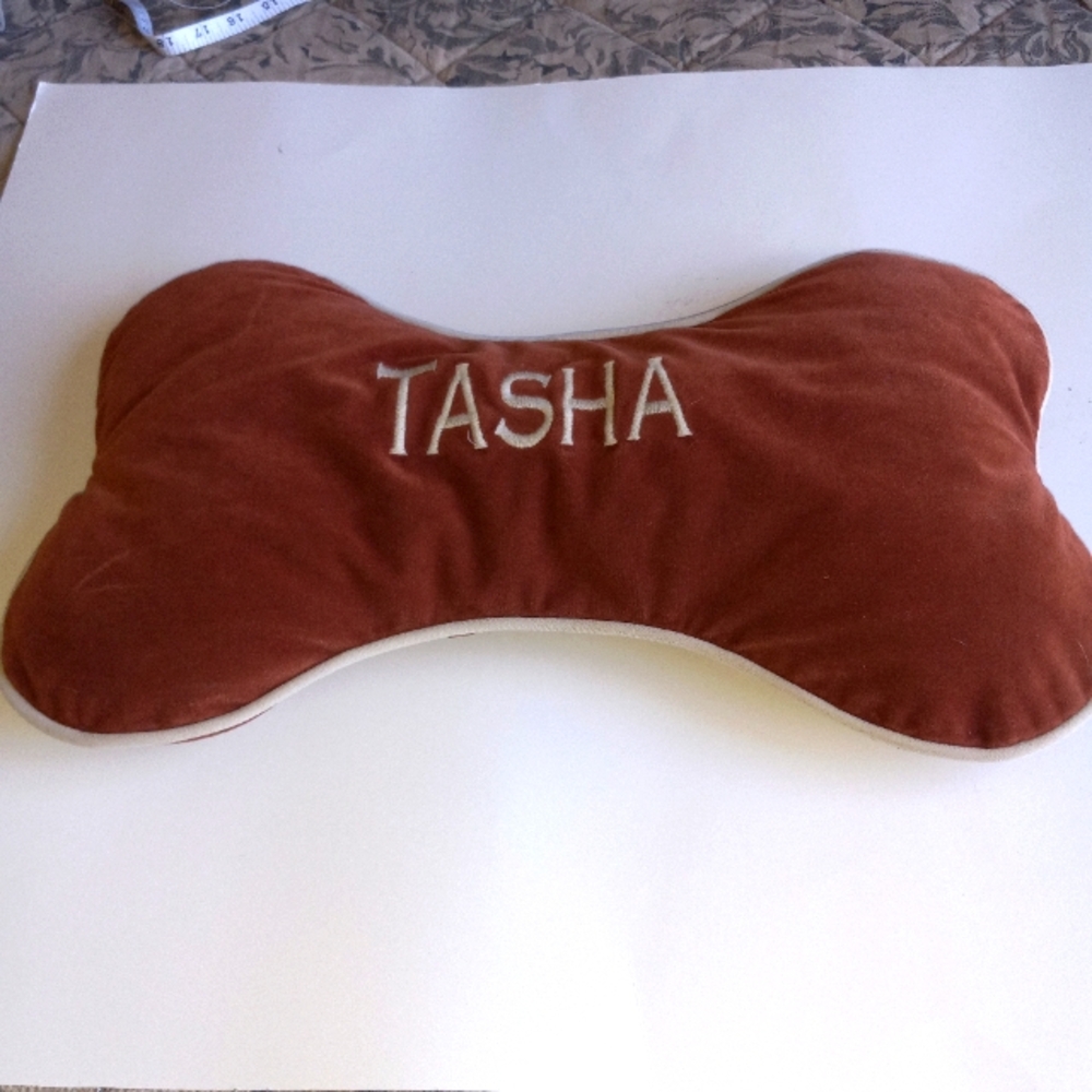 Dog bone shape pillow with name embroidery Tasha 17 x10 brown clean